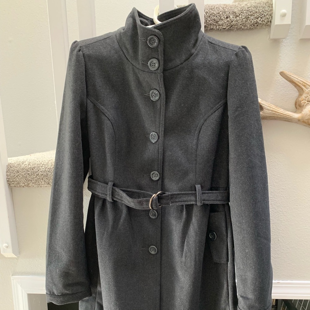 Grey wool button up jacket, pea coat with pockets